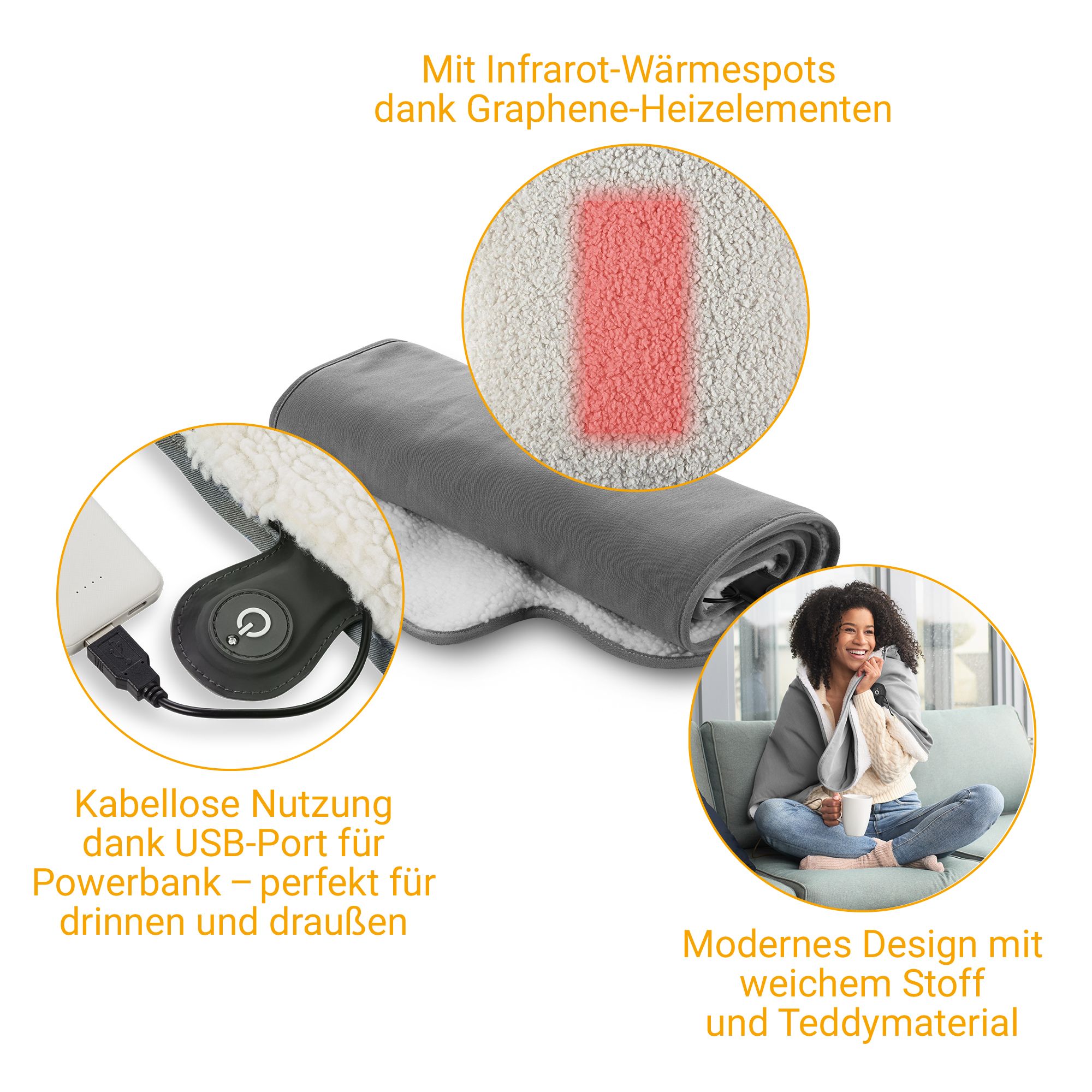 Grijze zitkussen met USB-poort, grafeen verwarmingselementen en teddy voering.