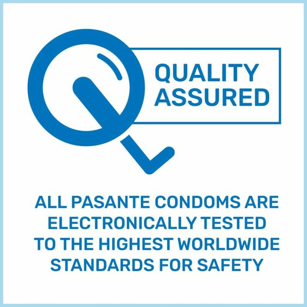 Logo: Assurance qualité. Texte: Tous les préservatifs Pasante sont testés électroniquement selon les normes mondiales de sécurité.