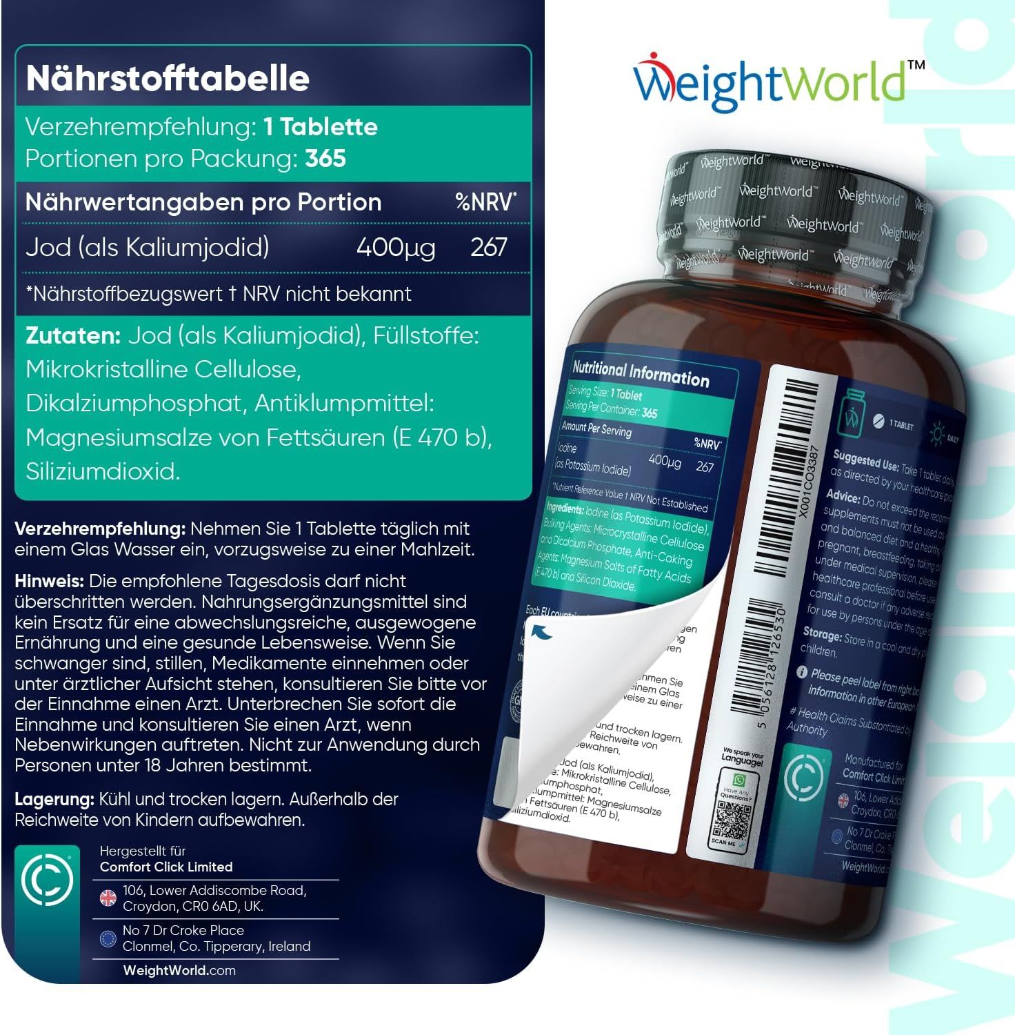 Close-up van de fles met tabletten. Opschrift: WeightWorld Jodium (als kaliumjodide). Voedingswaarde-informatie. Gebruiksaanwijzing.