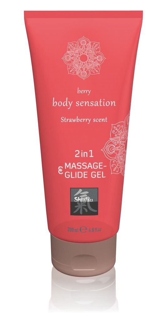 Tube rouge de gel 2 en 1 pour massage et glisse, parfum fraise. 200ml.