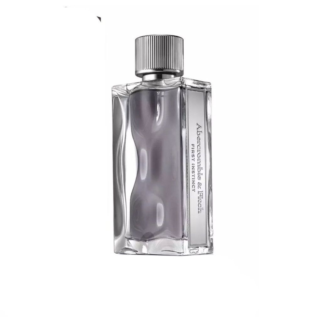 Fles van Abercrombie & Fitch First Instinct. Rechthoekige fles met zilveren dop. Opschrift First Instinct.