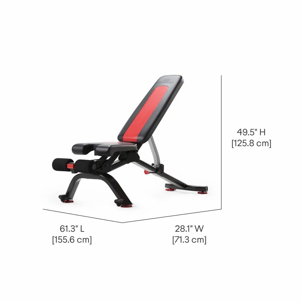 Banc de musculation avec dimensions : 155,6 cm de long, 71,3 cm de large, 125,8 cm de haut. Noir avec accents rouges. Dossier et siège réglables.
