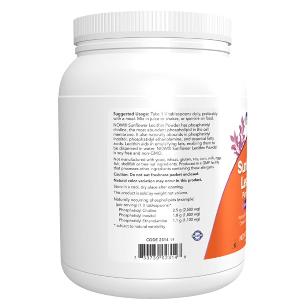 Récipient avec étiquette orange. Inscription: Sunflower Lecithin Pure Powder. Marque: NOW. Contient instructions et ingrédients.