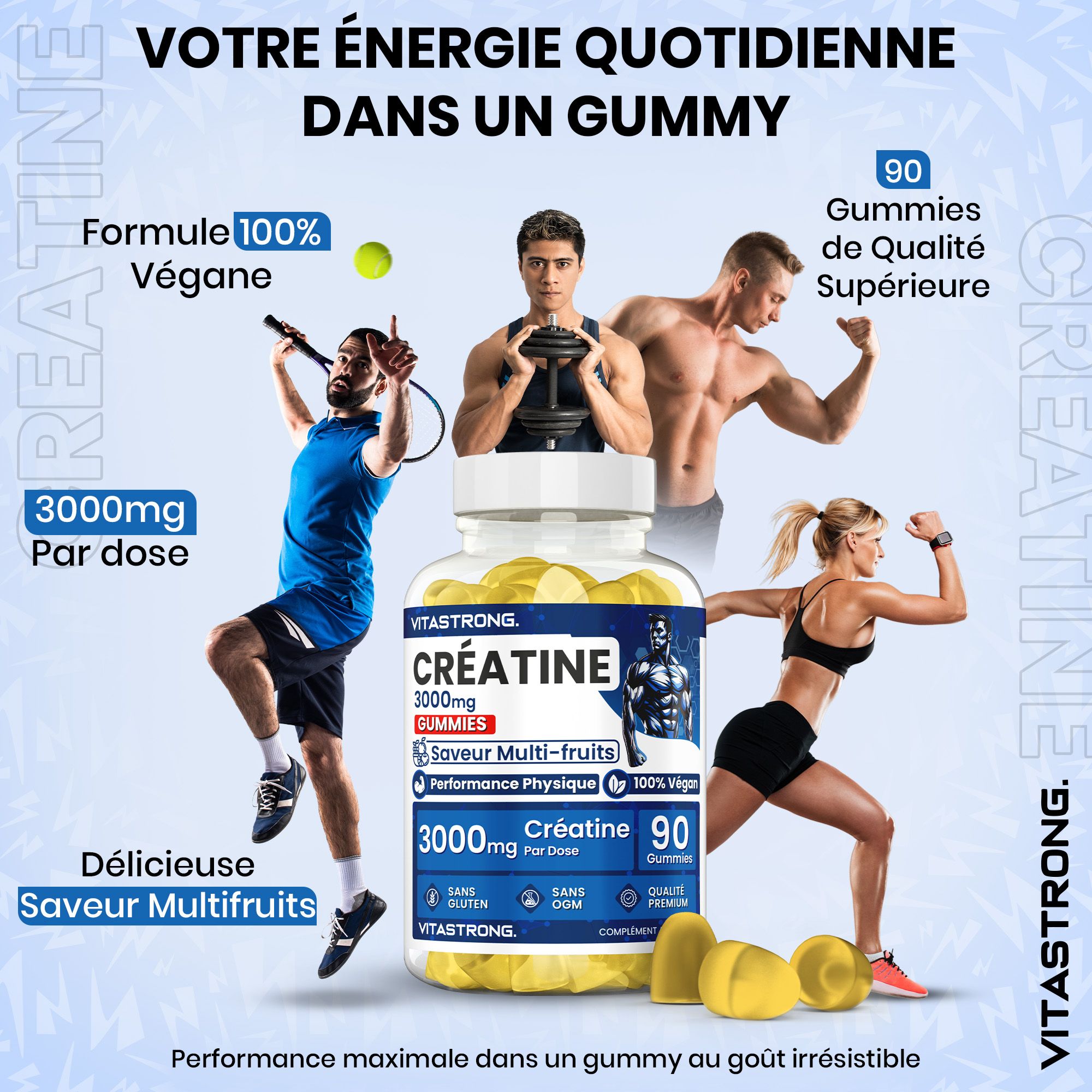 Vitastrong Creatina Gommose, 90 gummies. Vegan, 3000mg per dosis. Afbeelding van atleten en product.