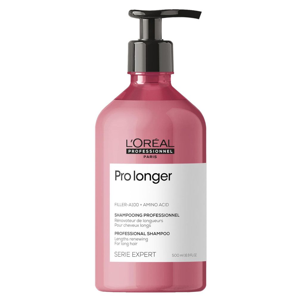 Flacon de shampooing rose avec pompe noire. Texte : L'Oréal Professionnel, Pro Longer, Shampooing Professionnel, Série Expert, 500ml.