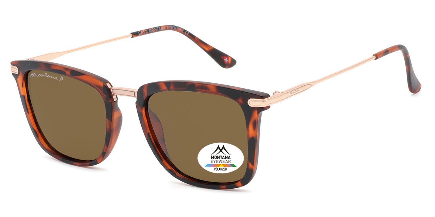 Lunettes de soleil marron et monture écaille. Branches dorées. Autocollant avec logo et Polarized sur un verre.