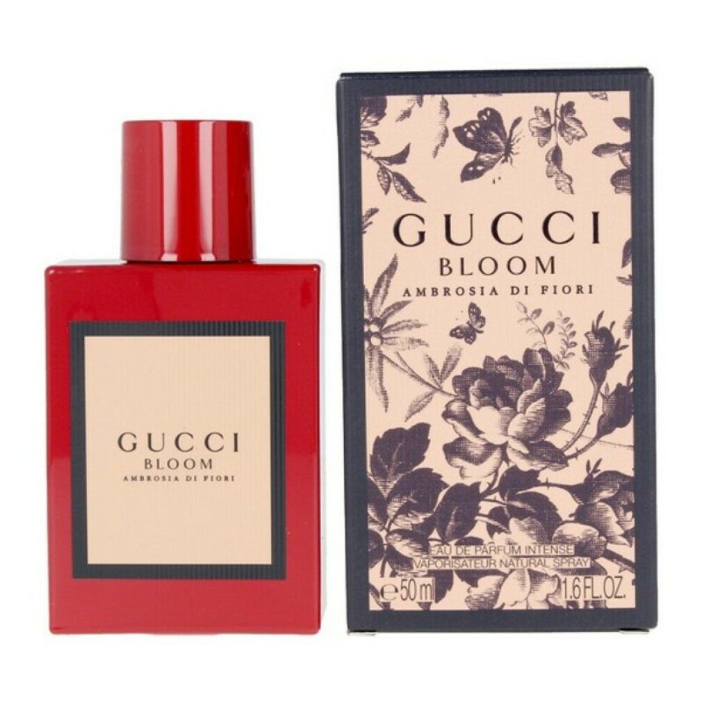 Gucci Bloom Ambrosia di Fiori flacon en verpakking. Rode flacon. Verpakking met bloemmotief.