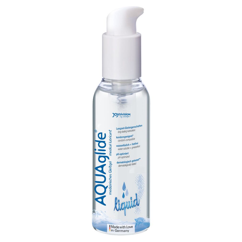 Flacon transparent avec pompe bleue. Inscription: AQUAglide, liquid. Texte en allemand. Made with Love in Germany.