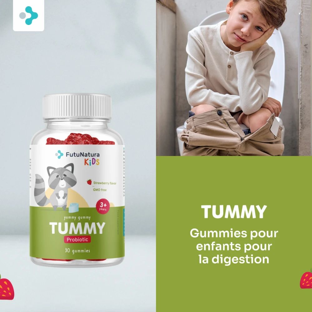 FutuNatura Tummy Kindergummies. Enfant aux toilettes, flacon à côté. Texte : Gommes pour la digestion des enfants.