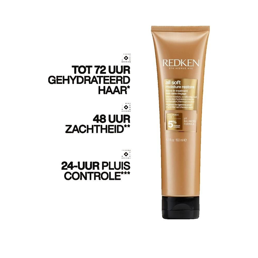 Tube dorée, bouchon noir. Texte: Redken All Soft, restaurer l'hydratation.