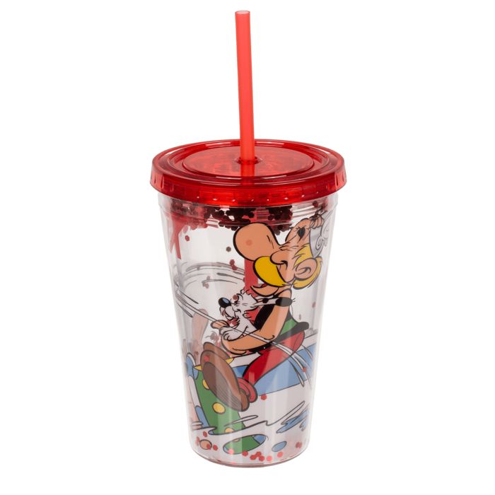 Drinkbeker met rode deksel en rietje. Opdruk: Asterix. Transparante beker met stripfiguur en glitter.