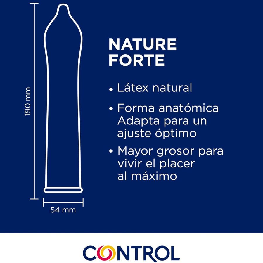 Préservatif Control Nature Forte : Longueur 190mm, largeur 54mm. Forme anatomique, latex, plus épais.