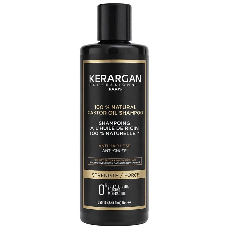 Flacon de shampooing noir Kerargan. Inscription: 100% Natural Castor Oil Shampoo. Texte: Anti-chute, Force. Contenance: 250ml.