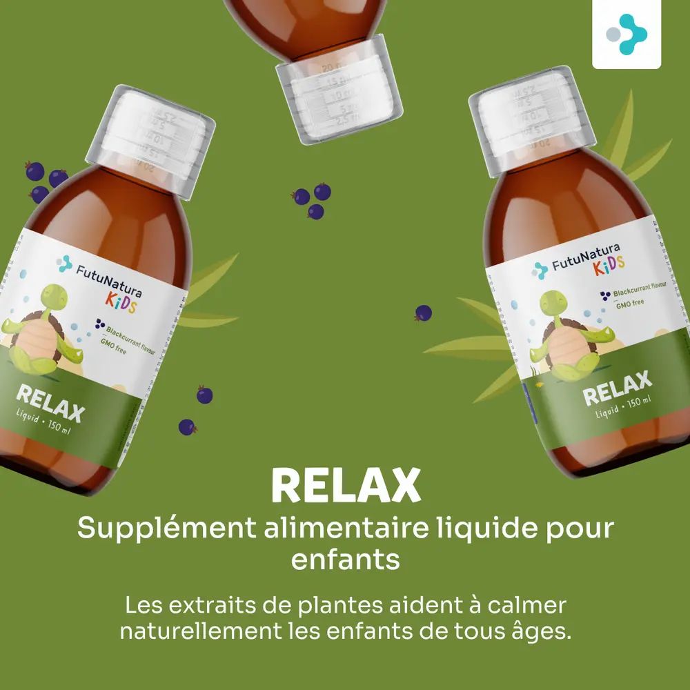 Trois bouteilles et logo. Inscription: RELAX. Complément alimentaire pour enfants. Illustration de tortue. Goût de cassis.