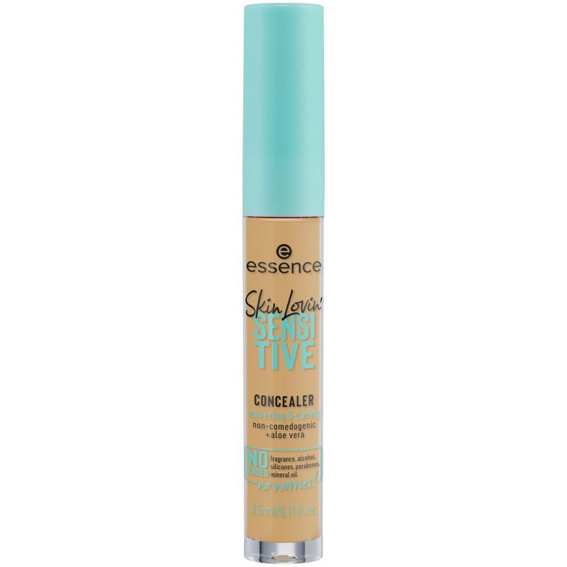 Correcteur Essence Skin Lovin' Sensitive dans un flacon transparent avec bouchon bleu clair et applicateur.