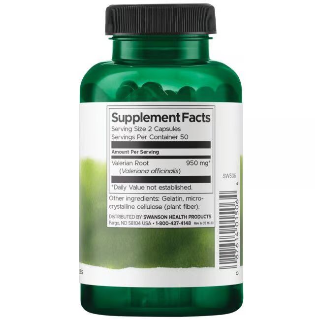 Dos du flacon vert. Étiquette blanche avec informations nutritionnelles, ingrédients et "SWANSON HEALTH PRODUCTS".