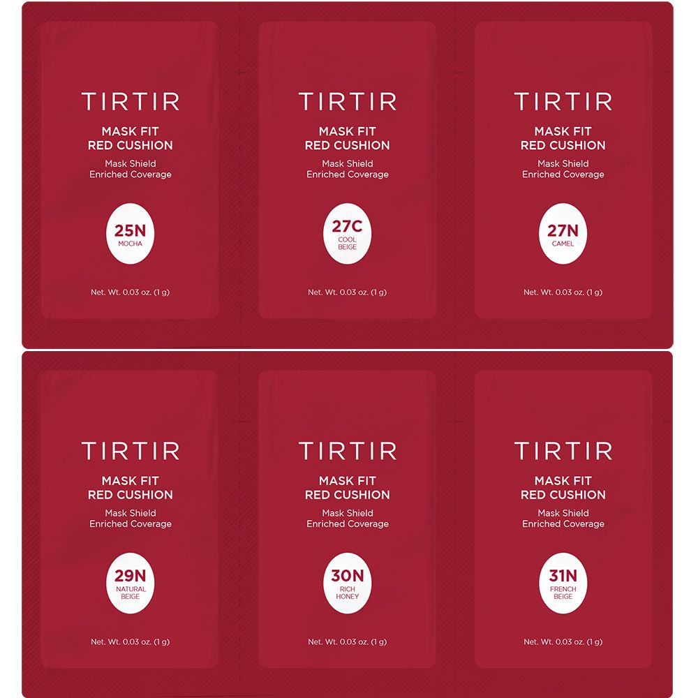 Zes kleine, rode verpakkingen. Tekst: TIRTIR Mask Fit Red Cushion, Mask Shield Enriched Coverage. Kleurvariaties: 25N, 27C, 27N, 29N, 30N, 31N.