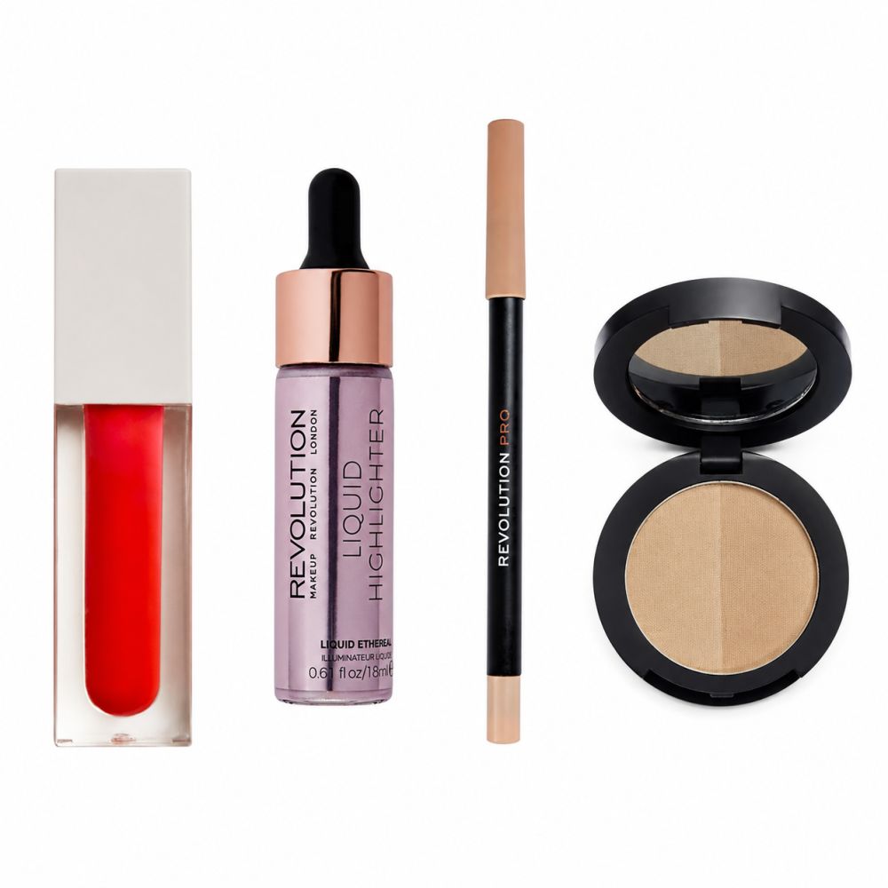 Quatre produits Makeup Revolution : rouge à lèvres rouge, enlumineur liquide, crayon à sourcils et un compact duo enlumineur/bronzer.