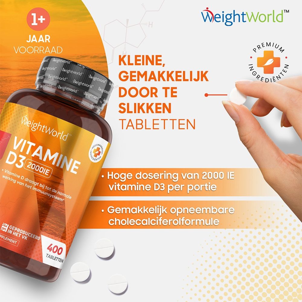 Fles vitamine D3. Tekst: Kleine, gemakkelijk te slikken tabletten. 400 tabletten. Logo: WeightWorld.