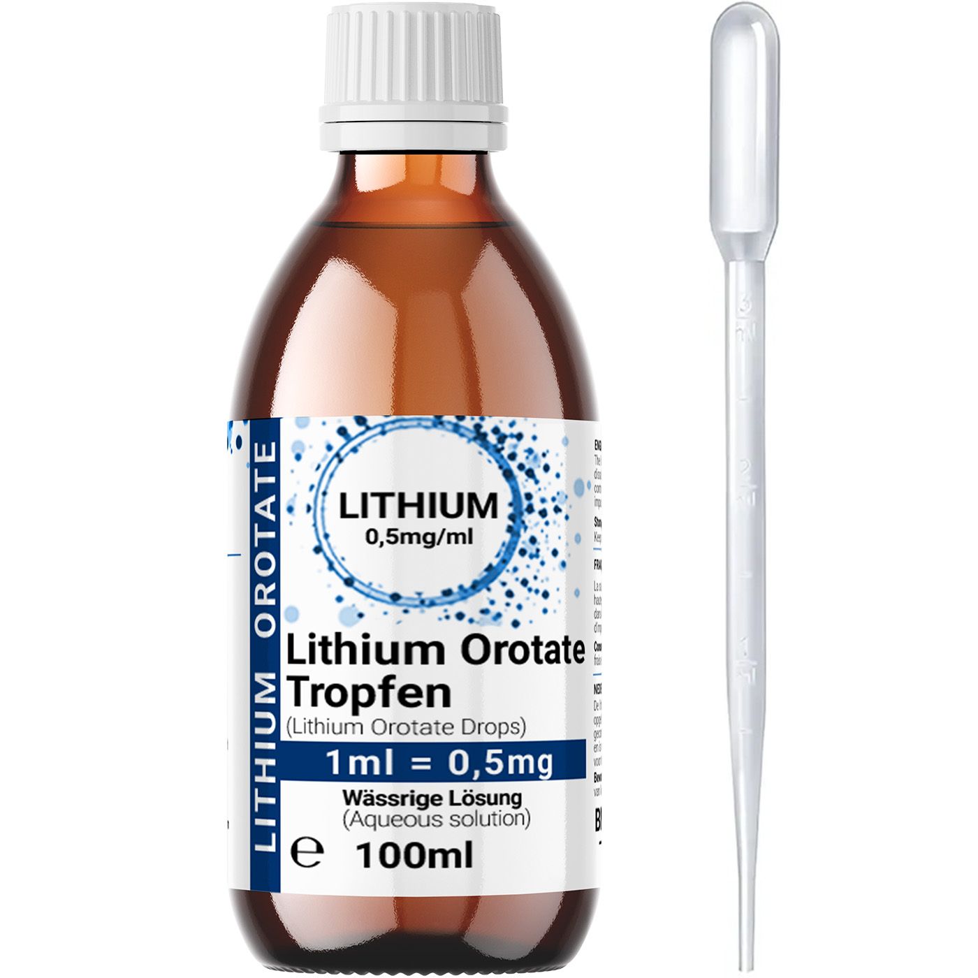 Bruine glazen fles met witte dop en etiket. Bevat Lithium Orotate druppels. Een pipet ernaast.