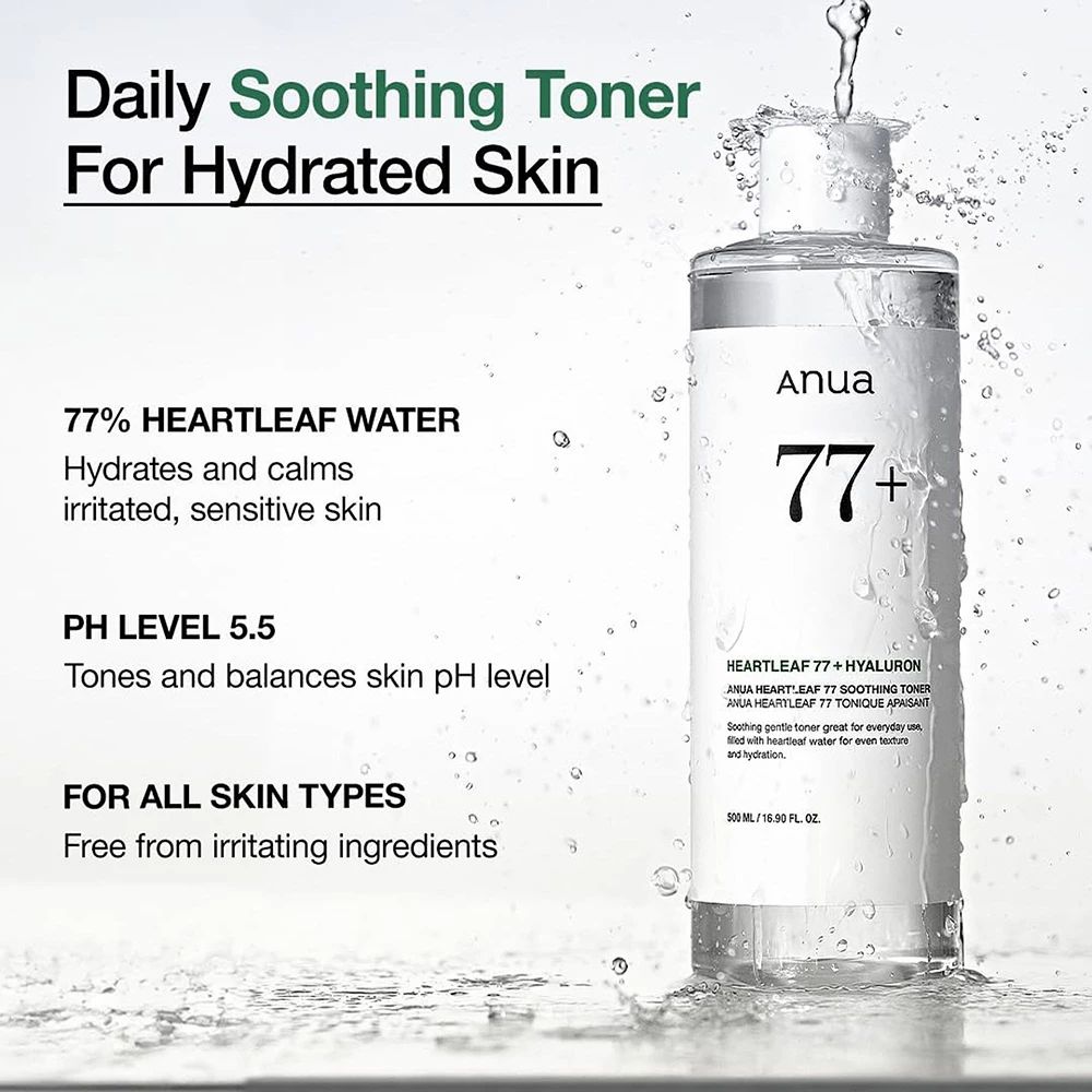 Tonerfles met "77% Heartleaf Water". Spattende waterdruppels en tekst.