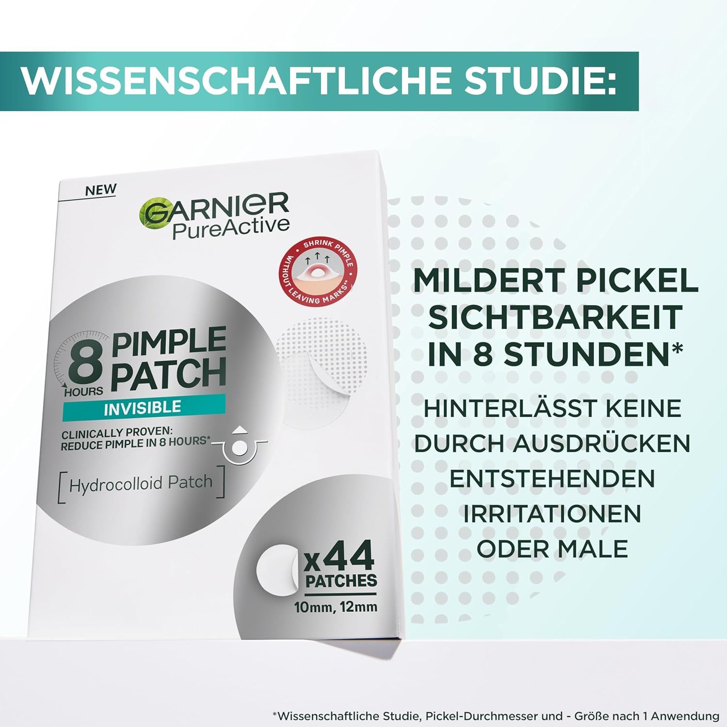 Boîte de patchs Garnier PureActive. Texte: 'Réduit la visibilité des boutons en 8 heures'.