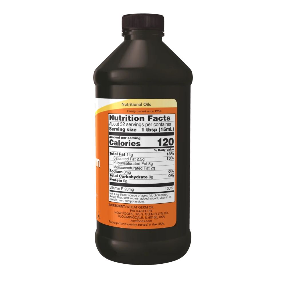 Bruine fles met oranje etiket. Voedingswaarde: calorieën, vet, vitamine E. Merk: NOW. Bevat tarwekiemolie. 120 calorieën per portie.