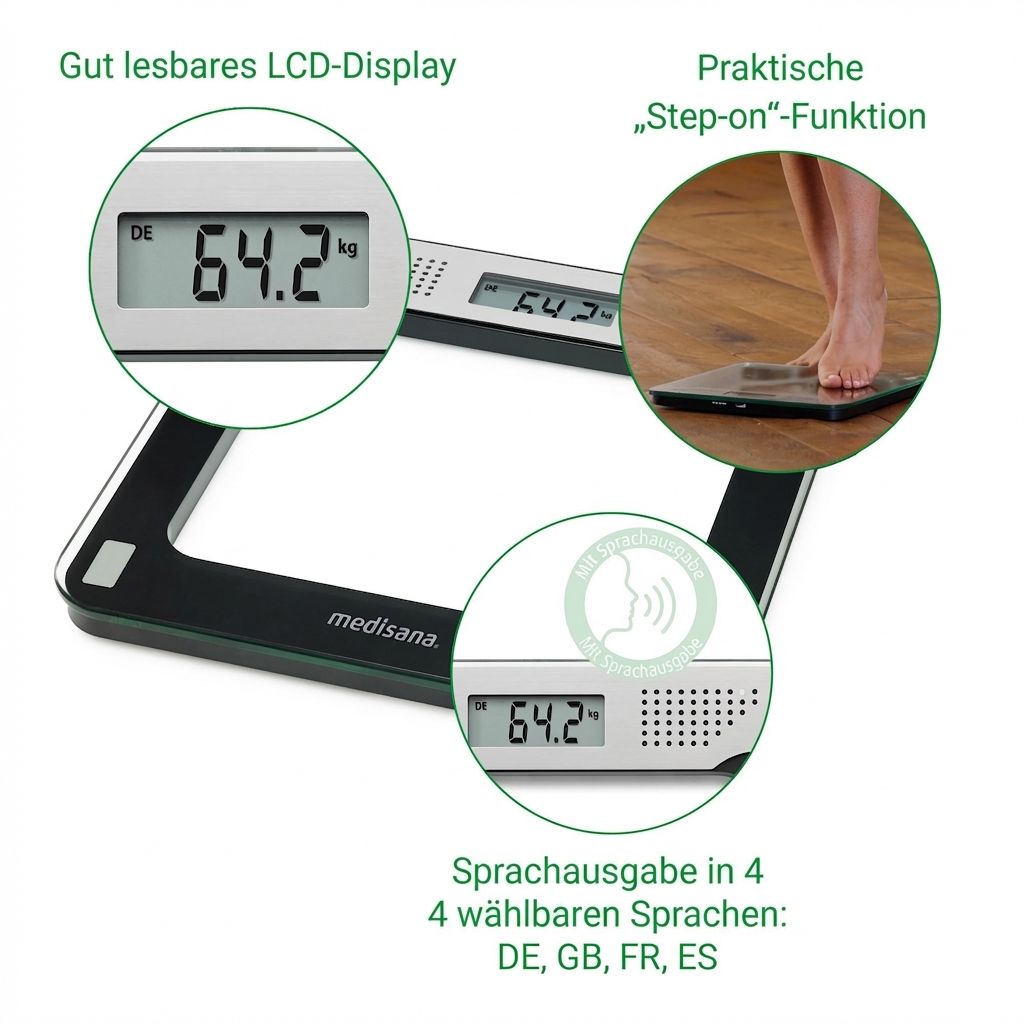 Spraakweegschaal: LCD-display, spraakuitvoer in 4 talen, step-on functie.