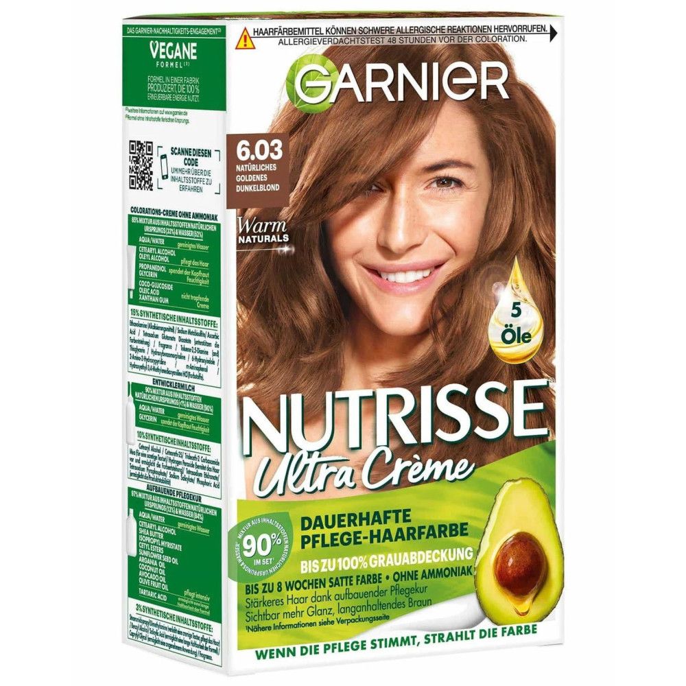 Face avant de l'emballage Garnier Nutrisse Ultra Crème. Contient le nom du produit, la teinte et l'image d'une femme. Texte en allemand.