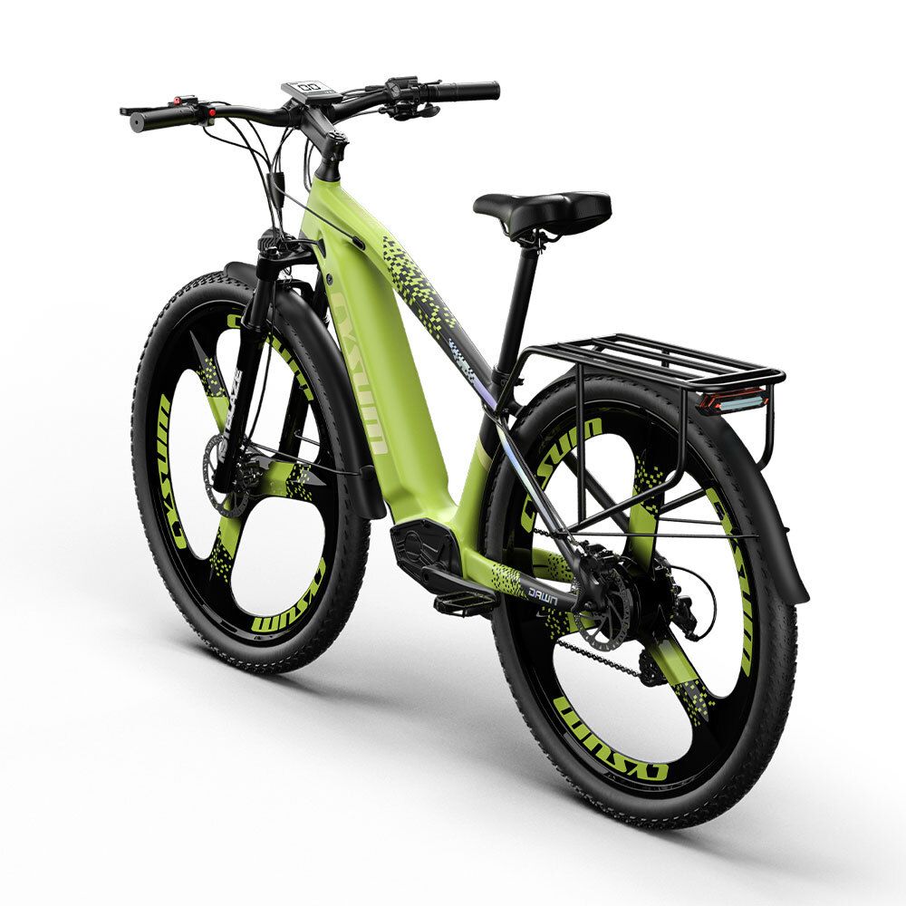 Vélo électrique vert avec porte-bagages. Logo CYSUM sur le cadre et les pneus.