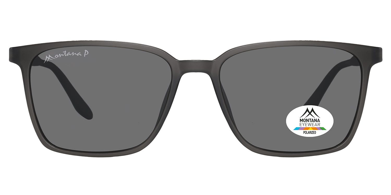 Lunettes de soleil grises avec verres rectangulaires. Logo "Montana Eyewear" sur la branche. Autocollant "Polarized".