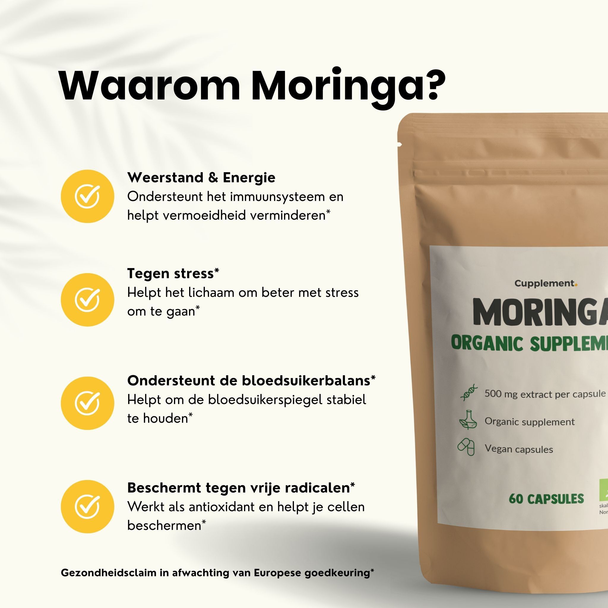 Bruine zak met moringa capsules. Opschrift: Moringa Organic Supplements. 60 capsules. Voordelen van moringa.