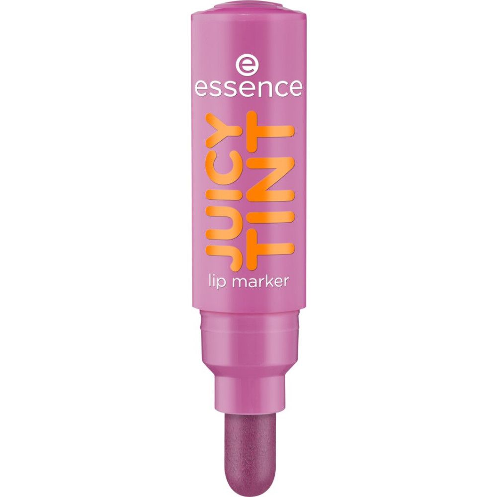 Marqueur à lèvres violet avec pointe feutre et inscription "essence JUICY TINT lip marker".