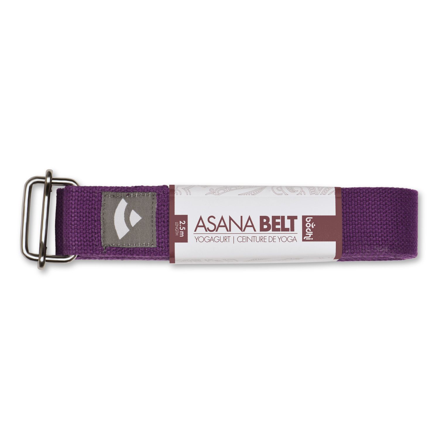 Lila Yogagurt Asana Belt. Stoffen band met metalen gesp. Opschrift: ASANA BELT, YOGAGURT, CEINTURE DE YOGA. Merk bodhi.