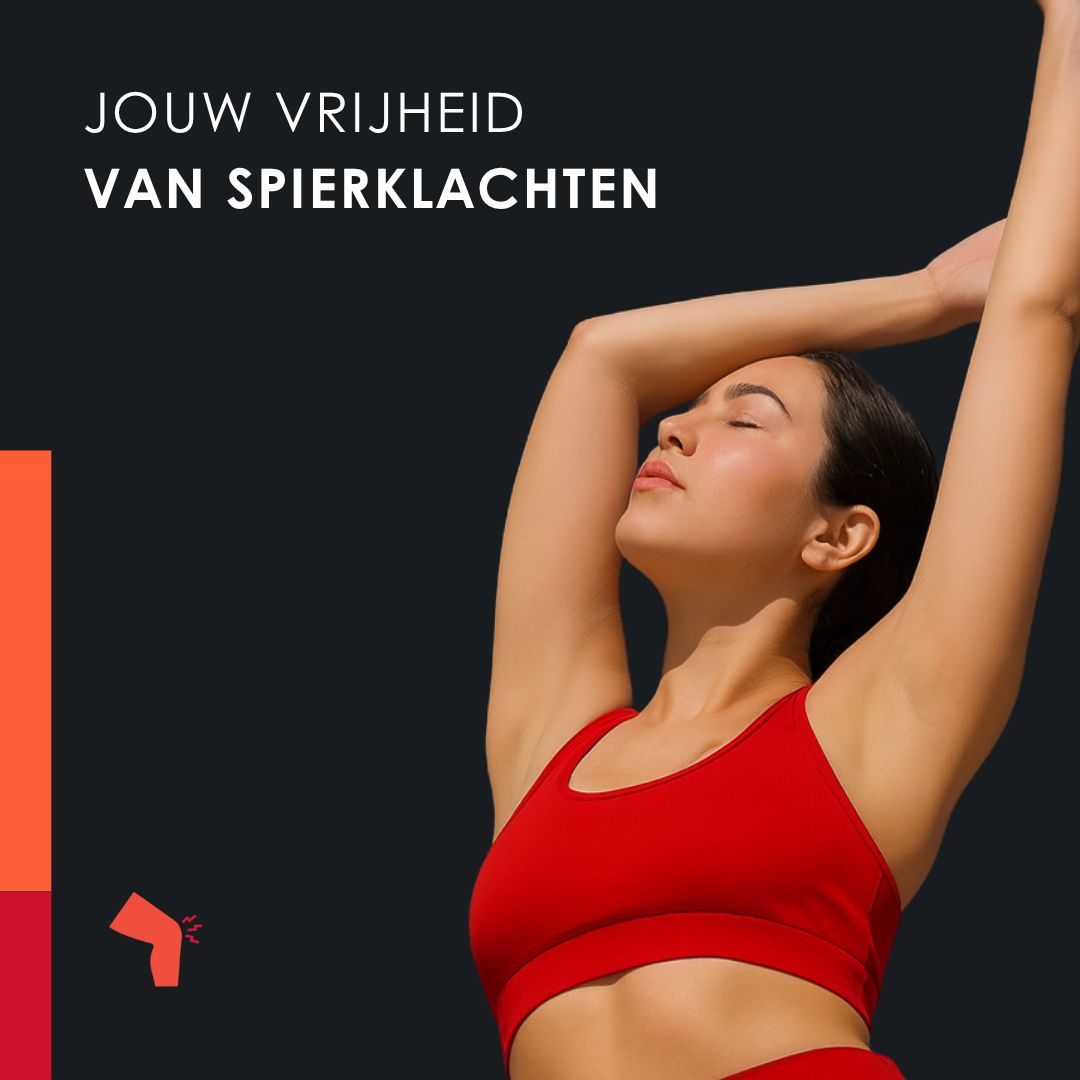 Femme en tenue de sport rouge. Texte: JOUW VRIJHEID VAN SPIERKLachten. Logo de HEMP GEL RELIEF.
