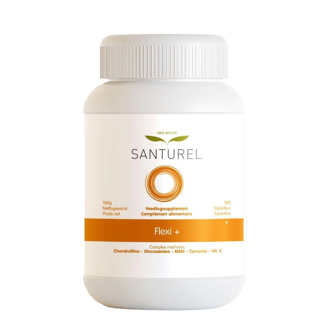 Witte fles met schroefdop. Opschrift: Santurel, Flexi+. Bevat voedingssupplement. Oranje strook met tekst.