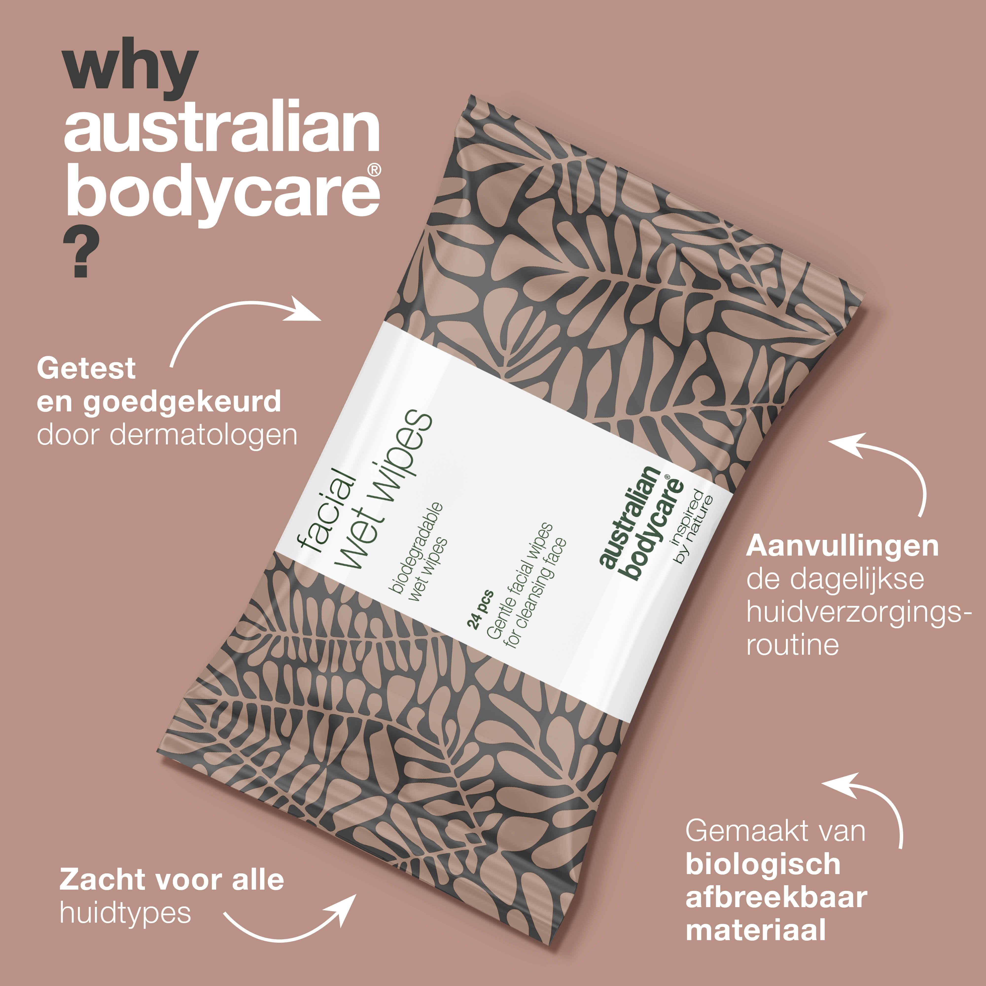 Collage: mensen met producten van Australian Bodycare. Logo en '+100.000 tevreden klanten'.