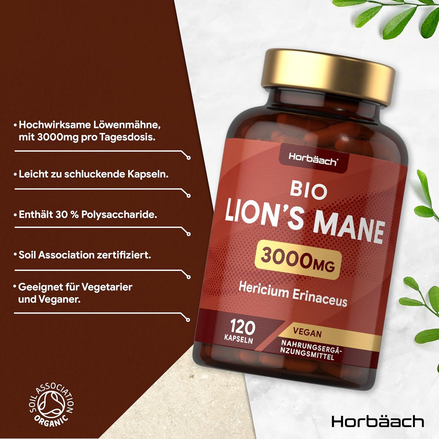 Bruine fles met capsules. Tekst: BIO LION'S MANE 3000mg, 120 capsules, Vegan. Soil Association certificering.