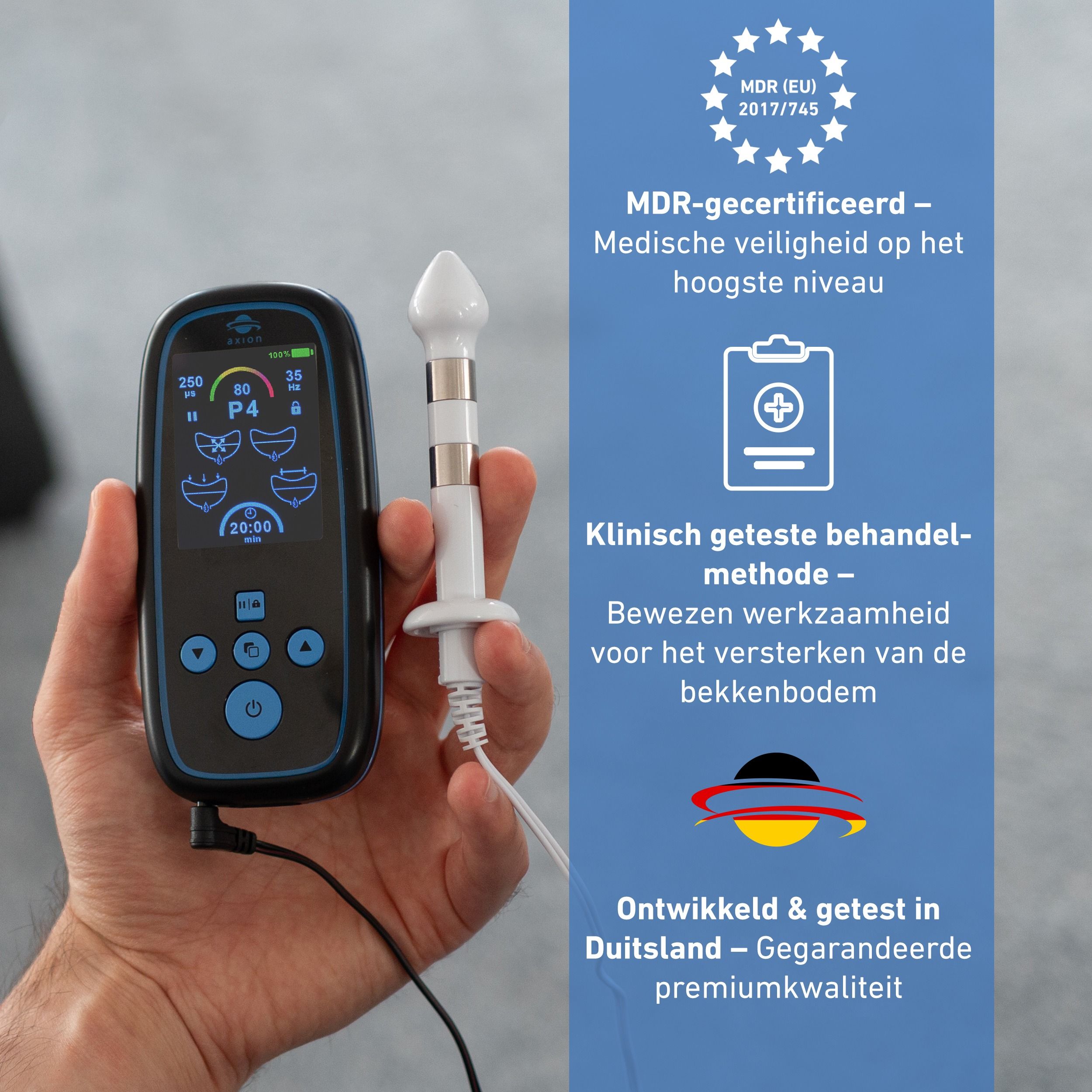 axion® I-3000-apparaat en accessoires. Medische certificering. Tekst over kwaliteit.