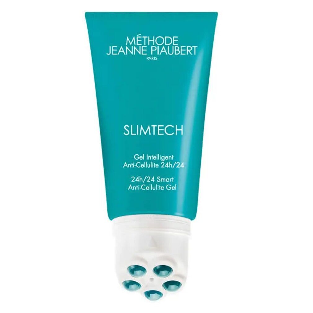 Turquoise tube met witte applicator. Opschrift: SLIMTECH, Gel Anti-Cellulite 24h/24. Merk: Méthode Jeanne Piaubert.