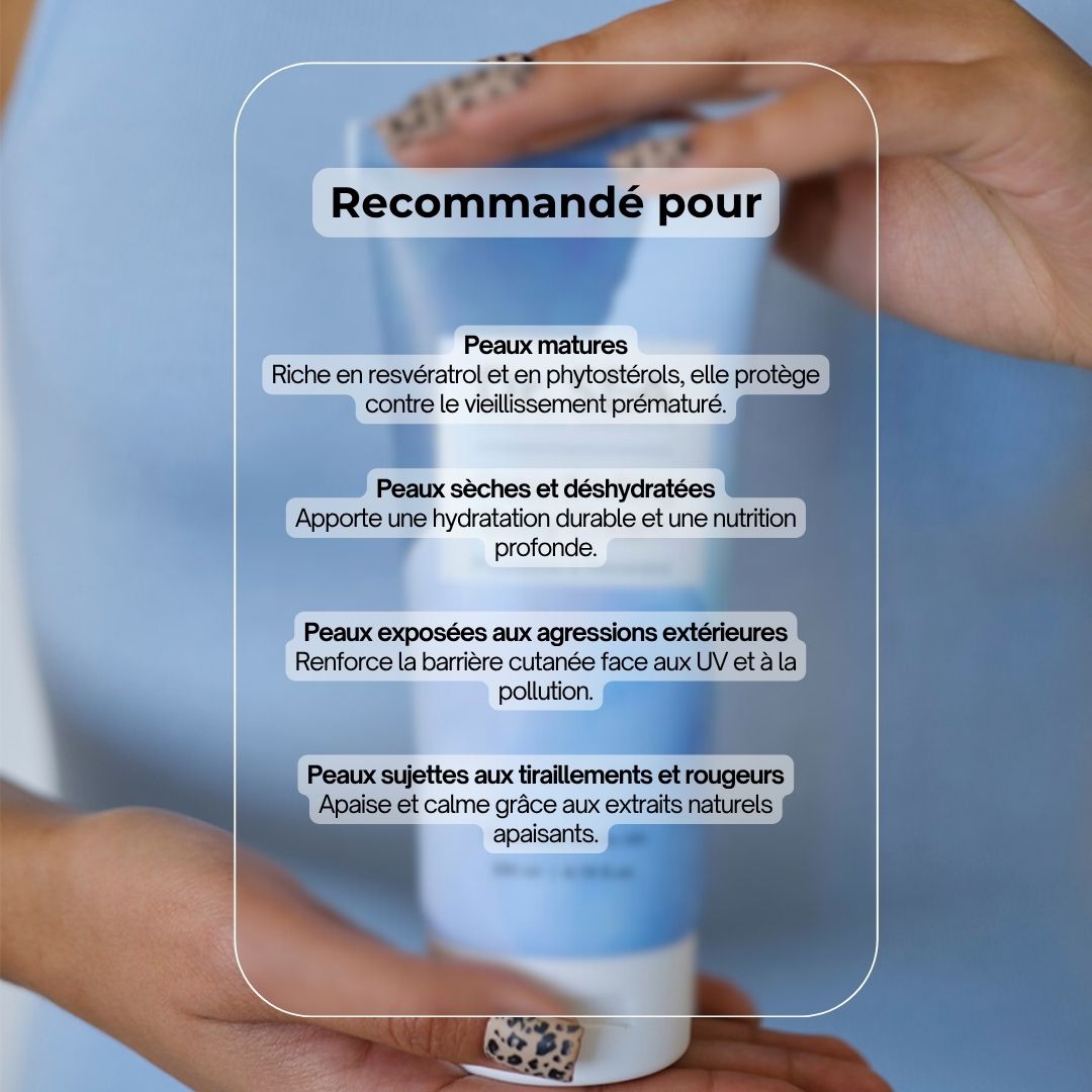 Mains tenant un tube de crème. Texte: Recommandé pour différents types de peau. Avantages listés.