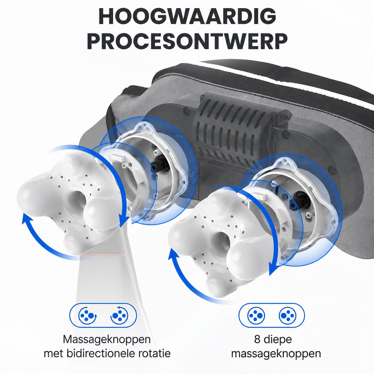 Massagekoppen met bidirectionele rotatie en 8 diepe massageknoppen.