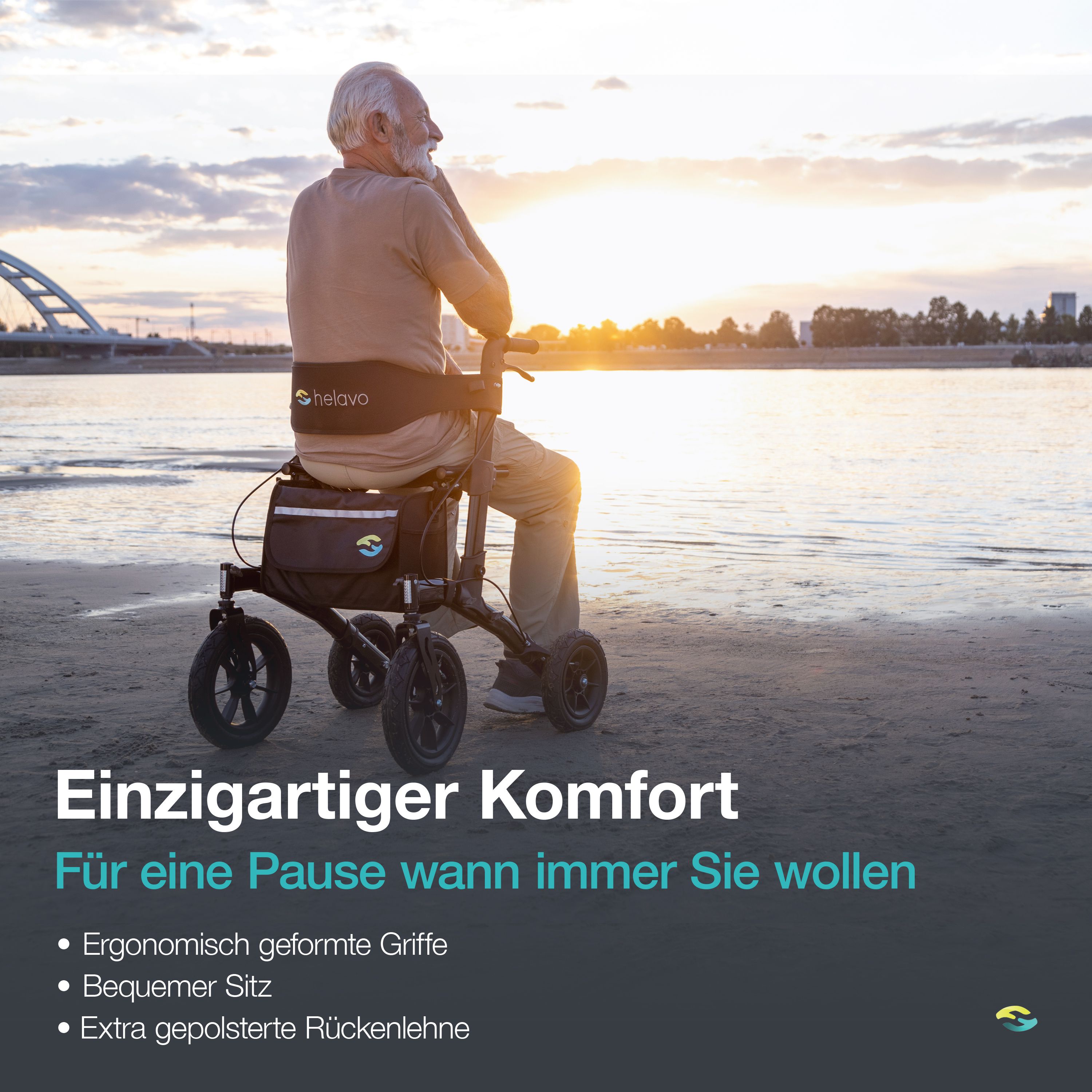 Homme assis sur un rollator avec dossier rembourré au bord de l'eau.