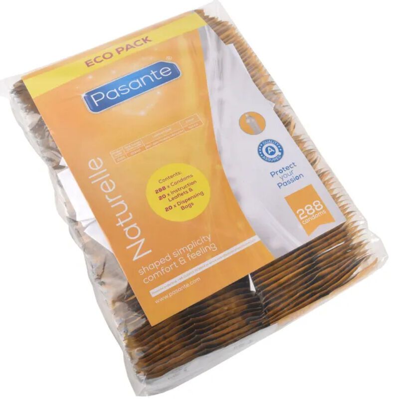 Pack économique Pasante Naturelle (288 préservatifs) avec instructions et sacs d'élimination.