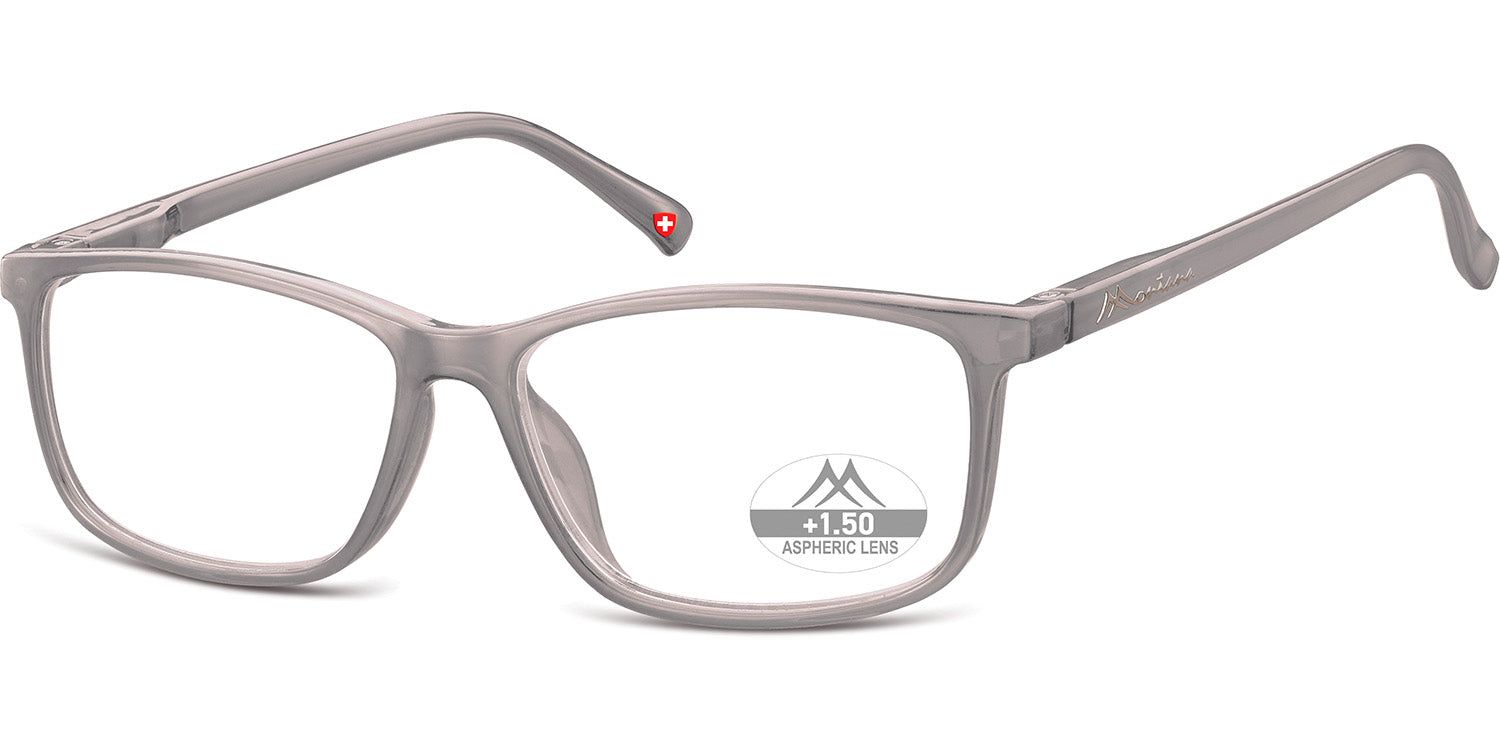 Lunettes grises à verres rectangulaires. Sur une lentille, "+1.50 Aspheric Lens". Croix rouge sur la branche.