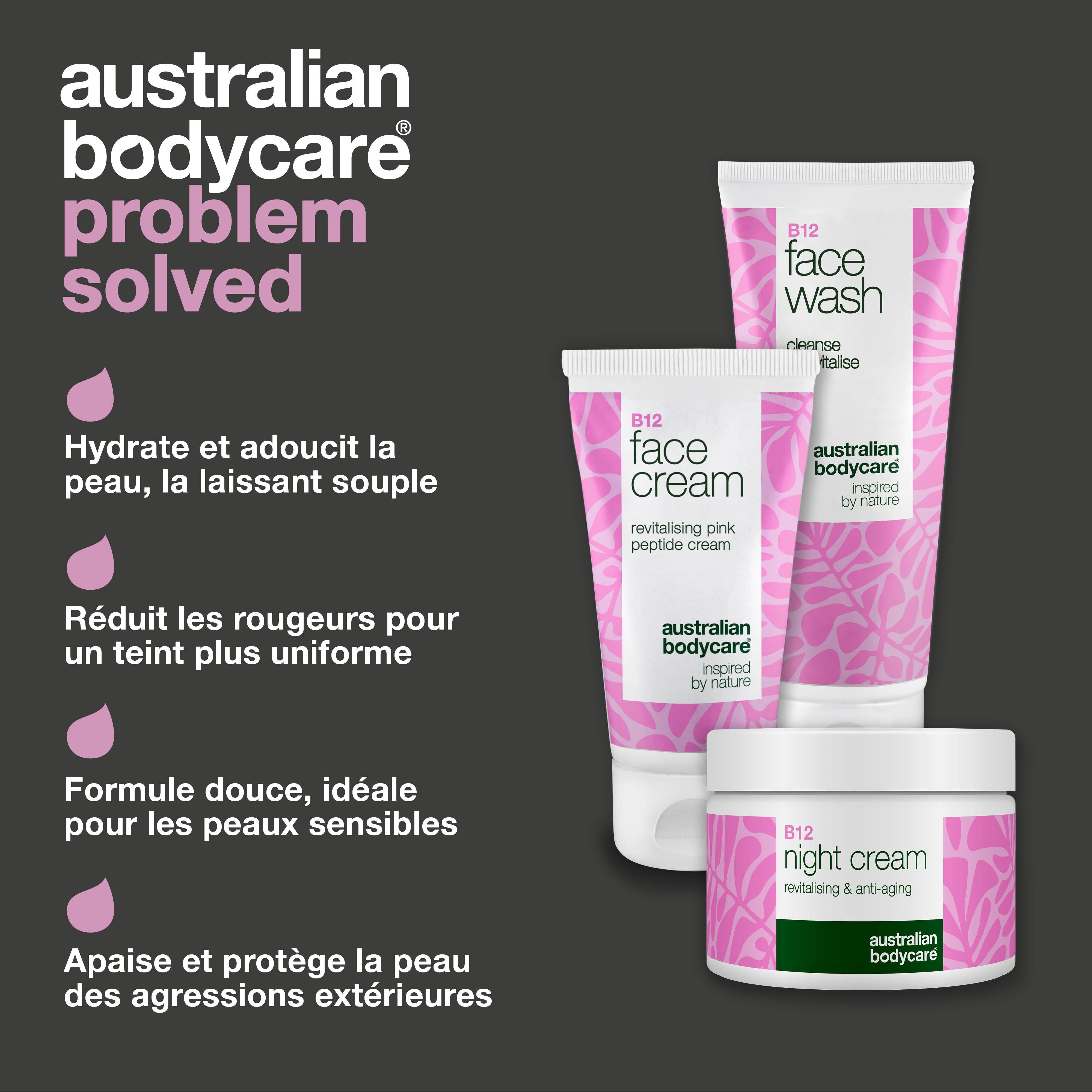 Produits : Face Wash, Face Cream, Night Cream. Texte : Hydrate et adoucit la peau, réduit les rougeurs, formule douce, apaise et protège.