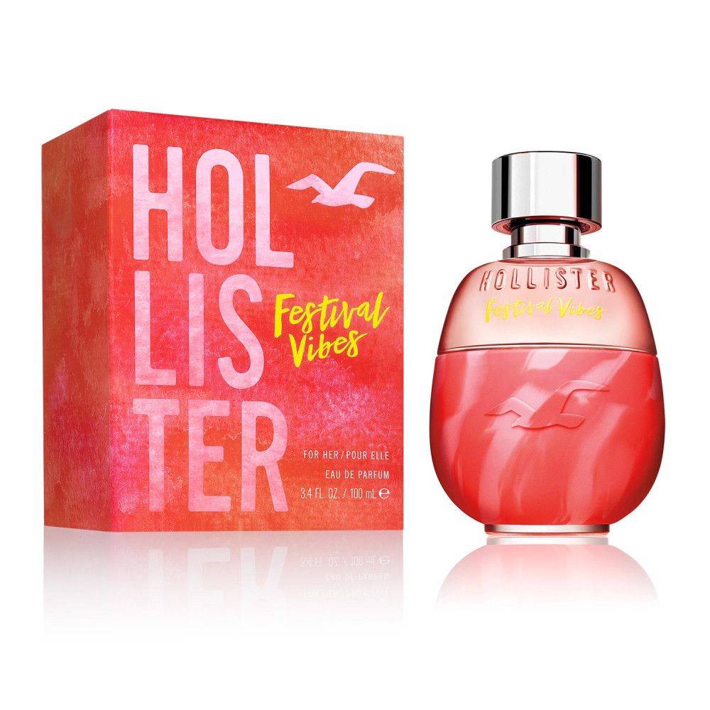 Rode fles en doos. Opschrift: Hollister Festival Vibes. Fles met zilveren dop. Doos ernaast.