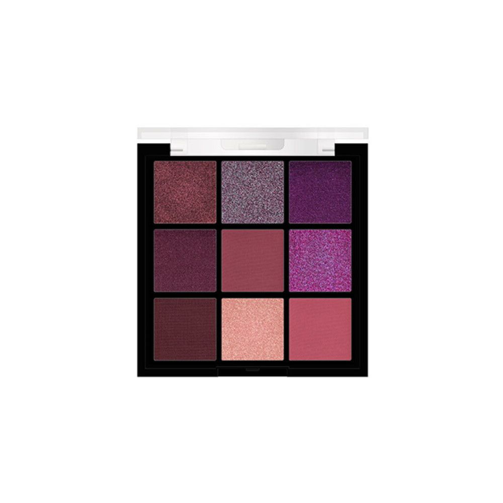 Palette de fards à paupières avec neuf teintes mates et irisées de violet, rose et rouge.