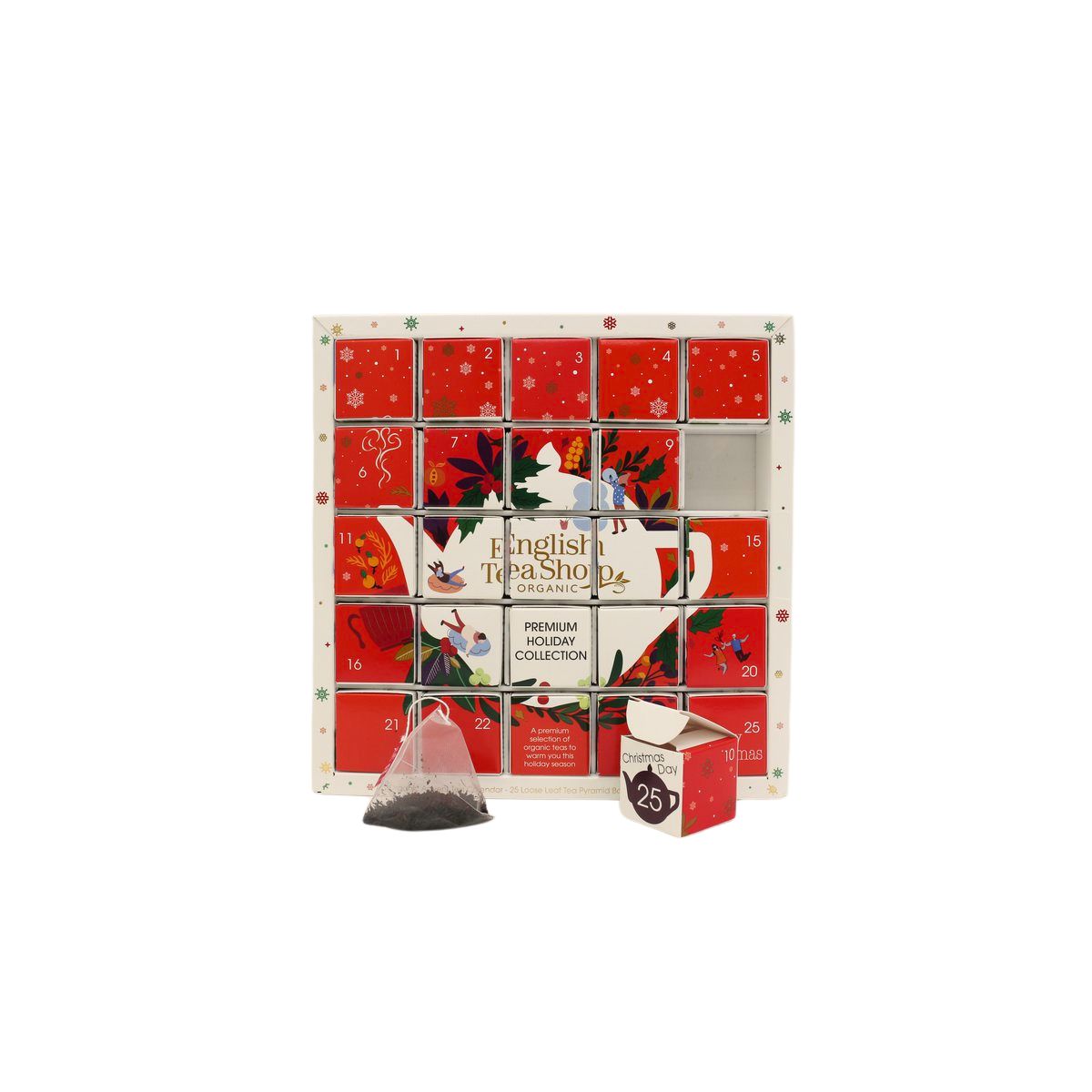 Calendrier de l'Avent avec portes ouvertes. Logo English Tea Shop. Sachet de thé et boîte n°25 à côté. Design de Noël.