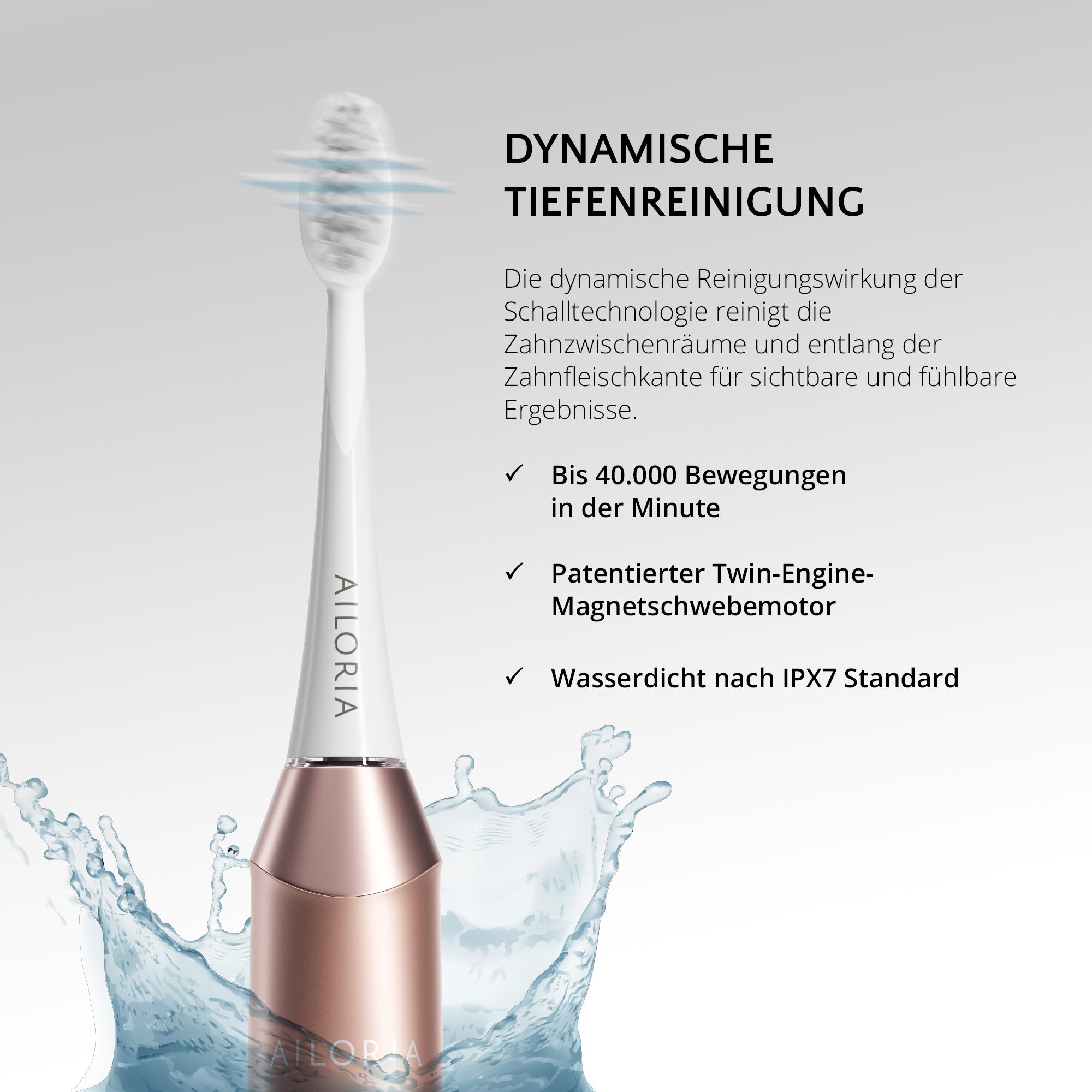 Brosse à dents avec nettoyage en profondeur dynamique. Étanche IPX7. Logo AILORIA.